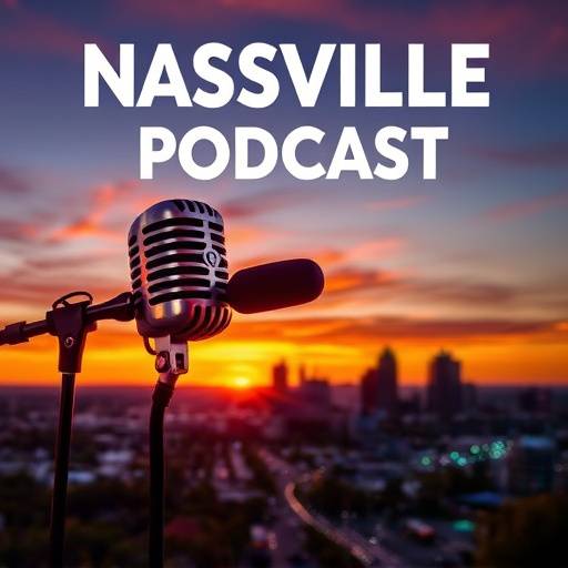 Podcast cover for 'Nashville Soundscapes' featuring a microphone and the Nashville skyline at sunset.