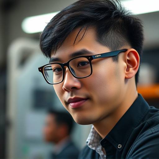 Portrait of Jacob Chen, a mastering engineer at Acoustic Innovations. He is focused and wearing glasses.