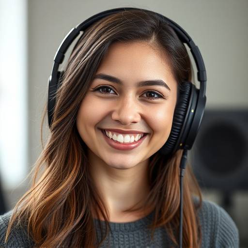 Portrait of Olivia Rodriguez, a senior sound designer at Acoustic Innovations. She has a friendly expression and is wearing headphones.