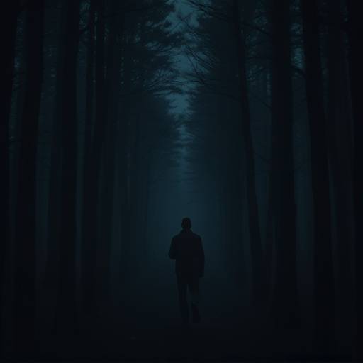 Still from the film 'Whispers in the Dark' showing a suspenseful scene with a lone figure walking through a forest at night.