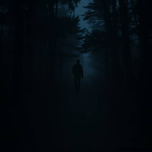 Still from the film 'Whispers in the Dark' showing a suspenseful scene with a lone figure walking through a forest at night.